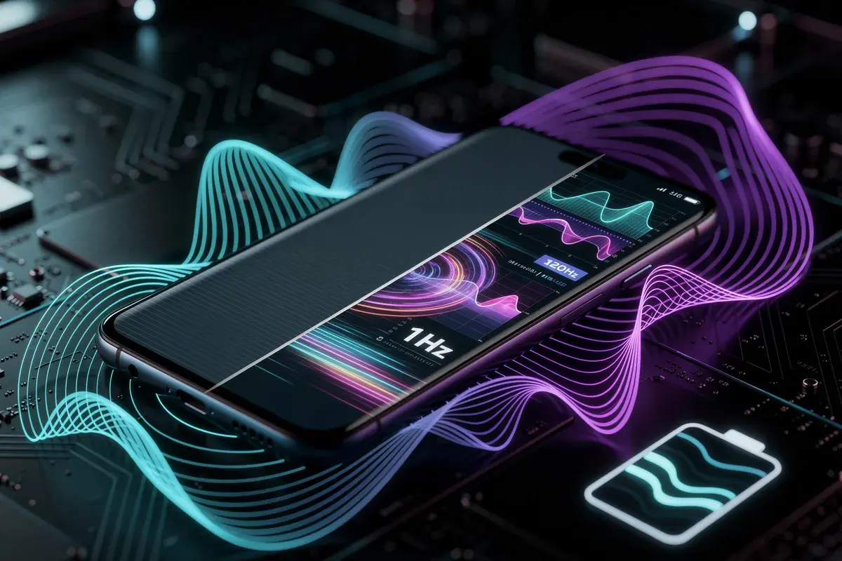 Nowy smartfon z ekranem 120Hz, otoczony falami energii. Wskaźnik baterii pokazuje szybkie ładowanie.