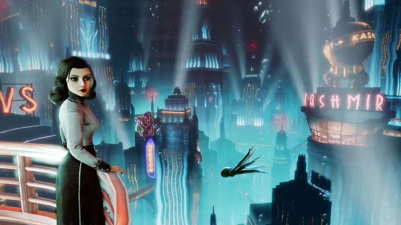 Elizabeth wpatruje się w neonowe miasto, które mogłoby być tłem dla **Bioshock 4**. W oddali widać latającą ośmiornicę.