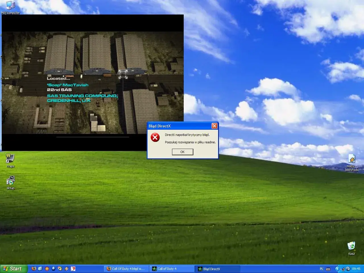 Błąd DirectX w grze Call of Duty 4. Gra wyświetla komunikat o krytycznym błędzie DirectX, uniemożliwiając dalszą rozgrywkę.