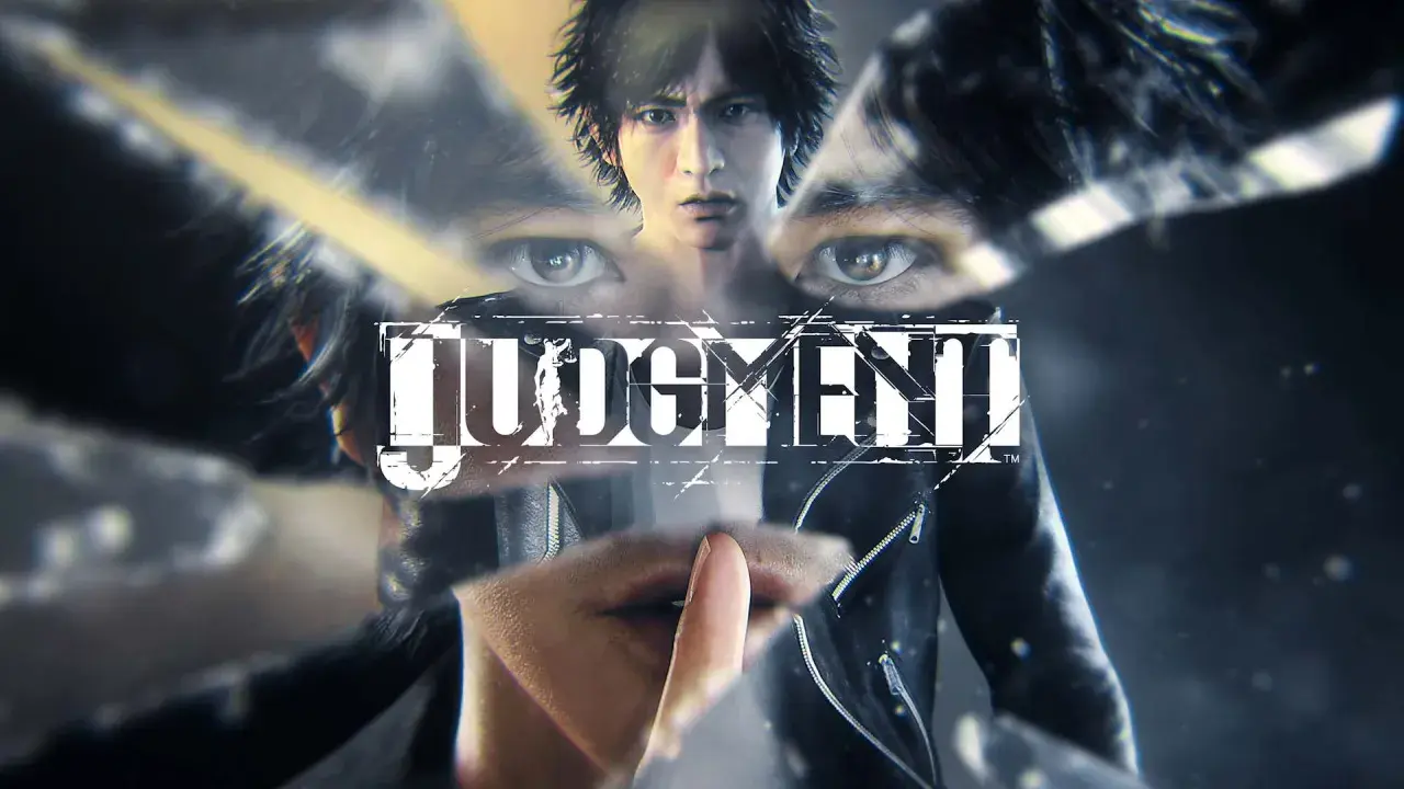 Twarz mężczyzny, jego oczy i palec na ustach sugerują tajemnicę i **judgement**. Logo gry "Judgment" w centrum.