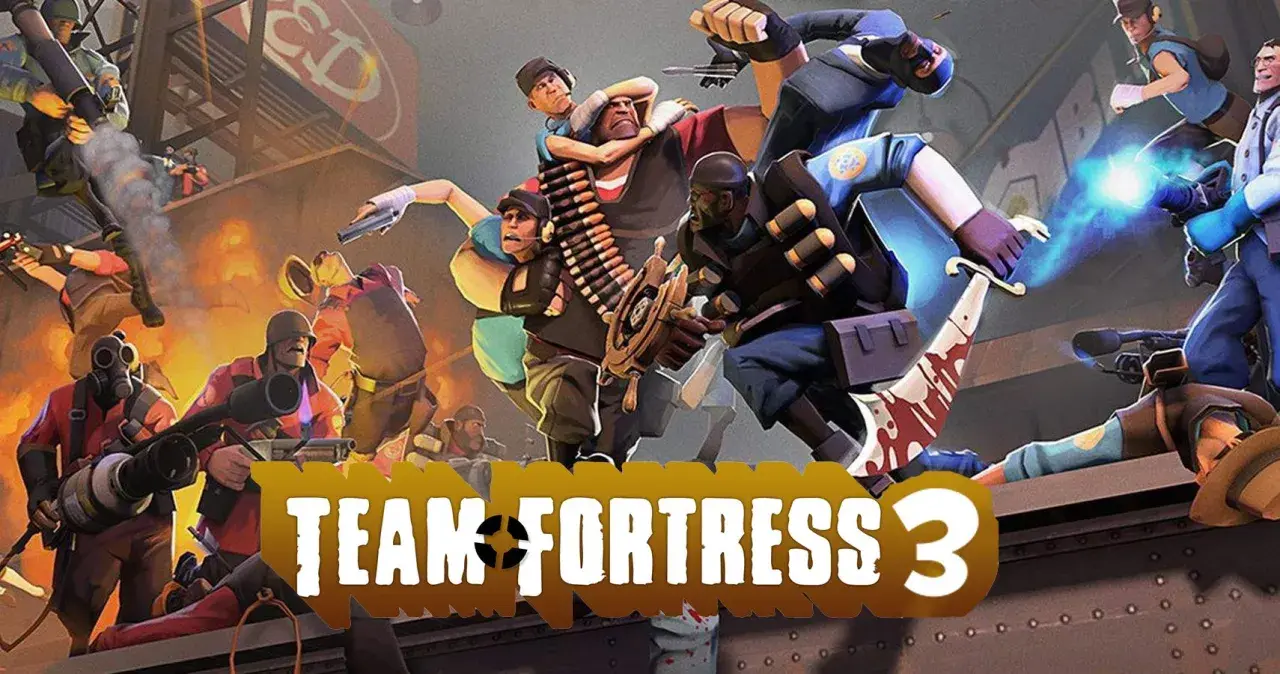 Dynamiczna scena z gry **Team Fortress 3**, gdzie postacie walczą w chaotycznym starciu, z wybuchami i laserami.