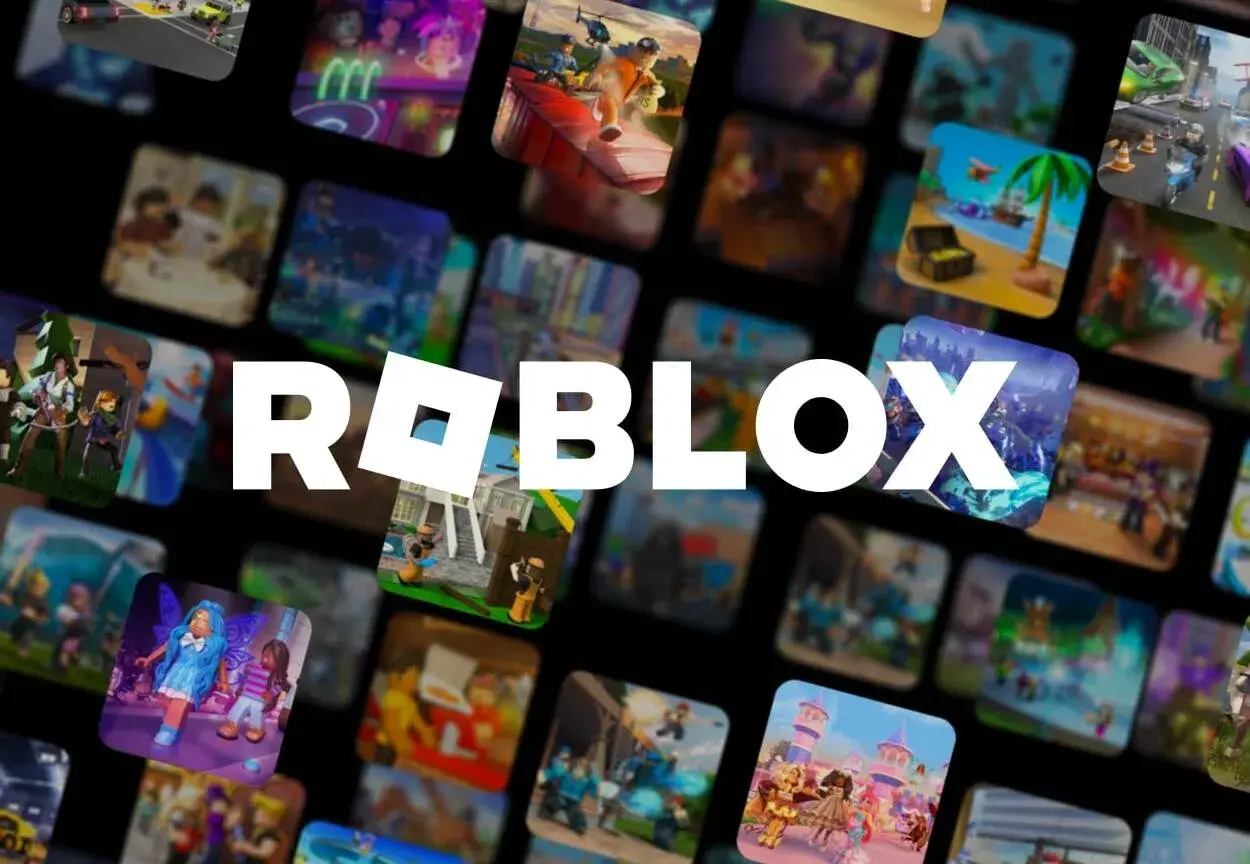 Logo Roblox otoczone mozaiką z miniaturkami fajne gry na roblox. Widać różne światy i postacie z gier.