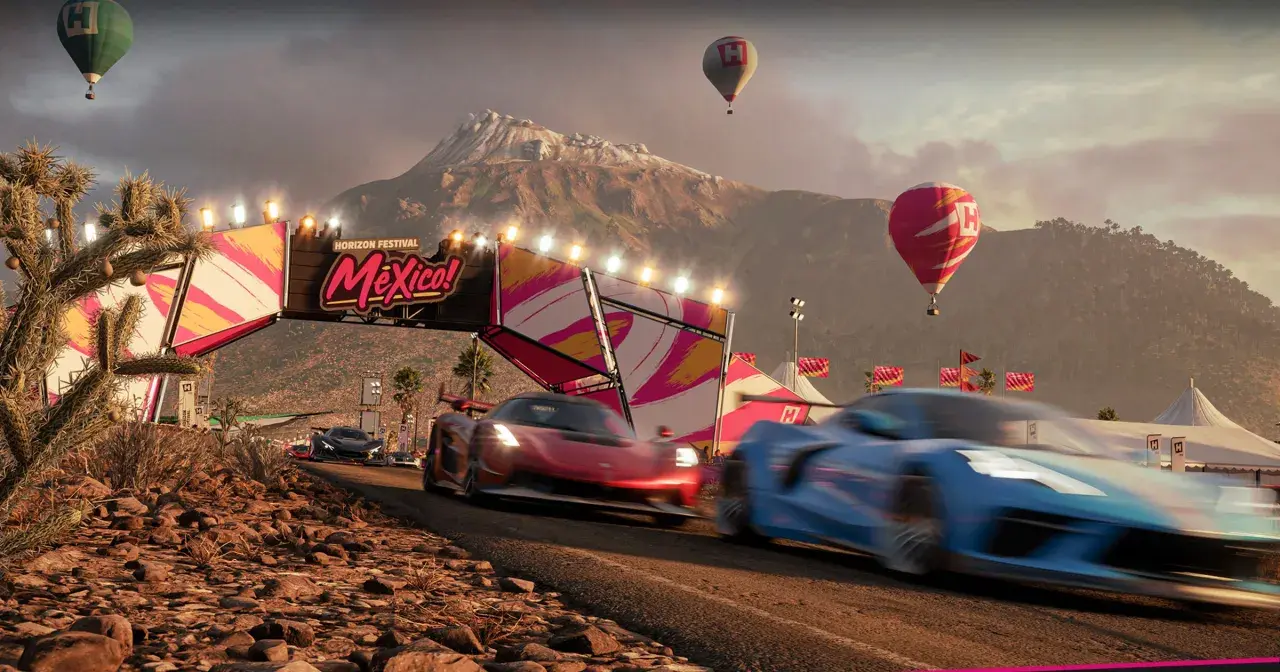 Wyścigowe samochody pędzą pod bramą Horizon Festival w Meksyku. Sprawdź forza horizon 5 wymagania, by dołączyć do zabawy!