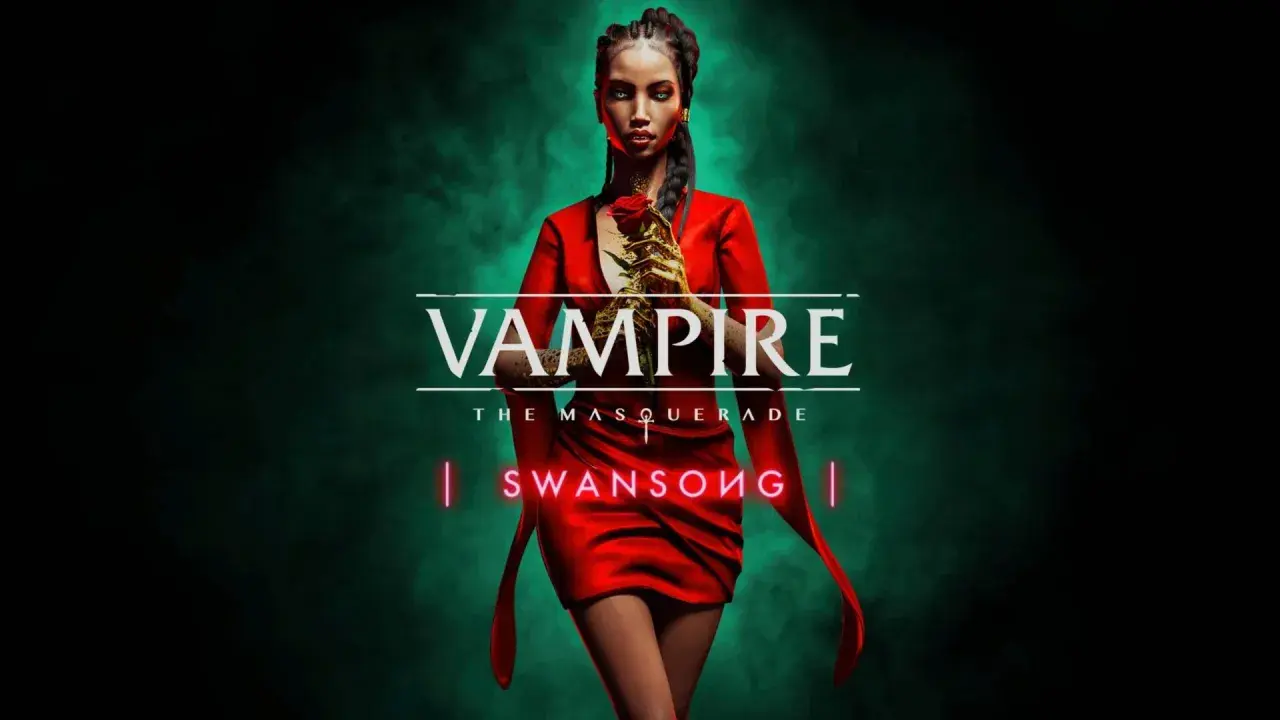 Kobieta w czerwonej sukience trzyma złotą różę. Napis "Vampire The Masquerade Swansong" sugeruje mroczny świat gry.