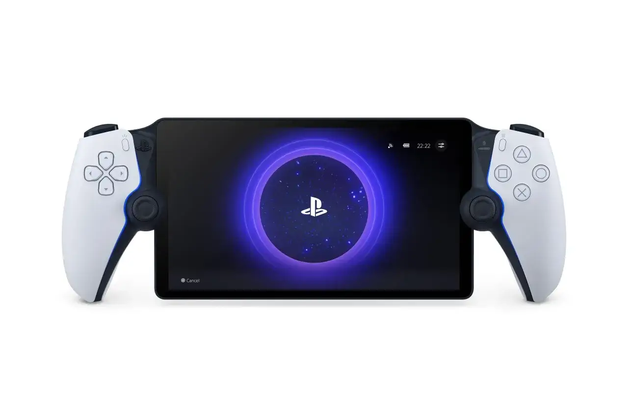 PlayStation Portal z kontrolerami DualSense. Urządzenie pozwala na zdalne granie w gry z PS5, oferując mobilność i immersję.