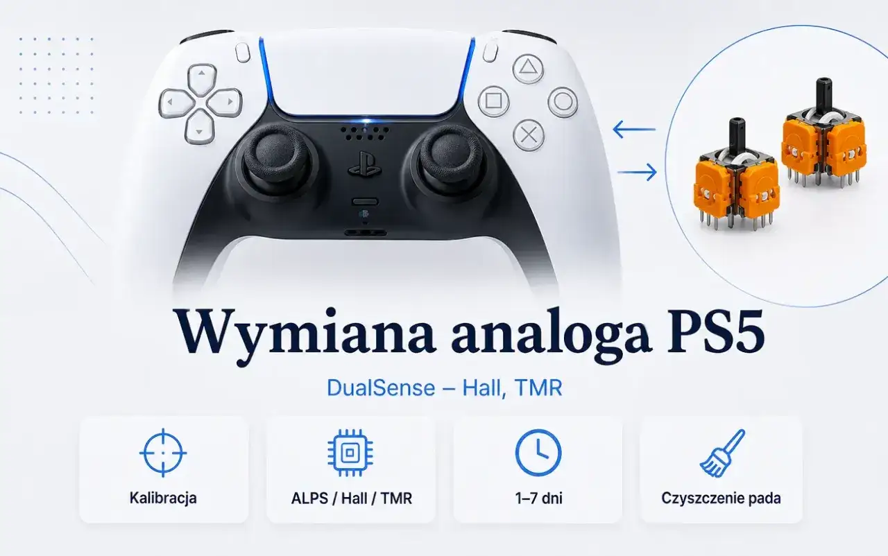 Naprawa pada PS5: wymiana analogów DualSense, kalibracja, czyszczenie. Usługi ALPS/Hall/TMR w 1-7 dni.