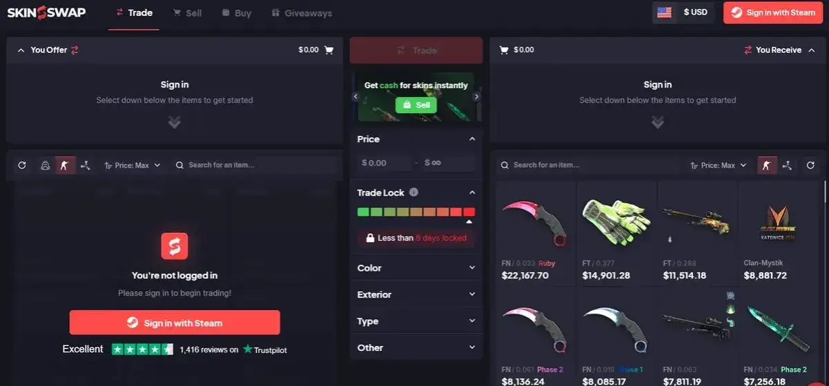 Interfejs serwisu do sprzedaży skinów Steam
