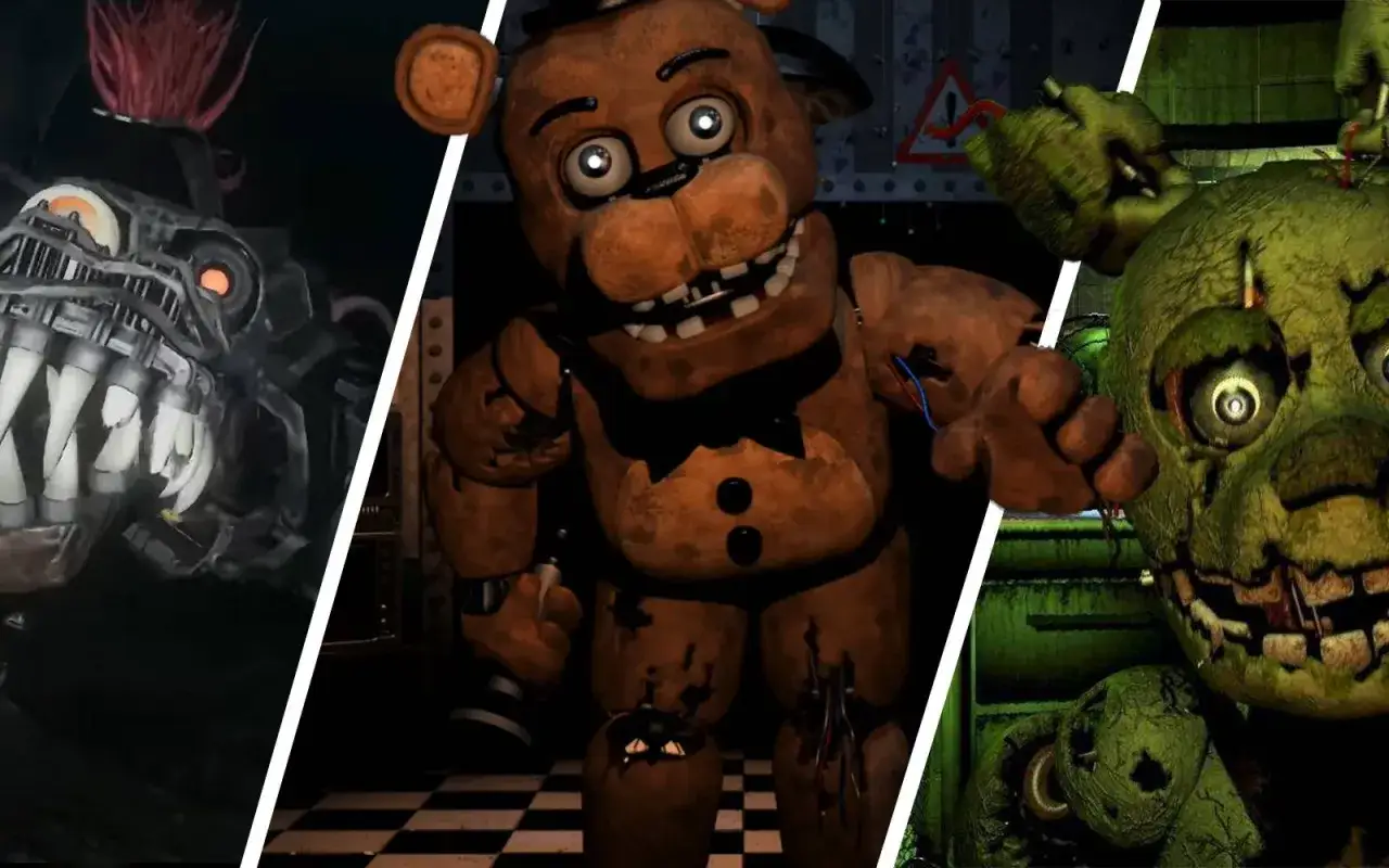 Trzy animatroniki: mechaniczny potwór, Freddy Fazbear i zielony królik.