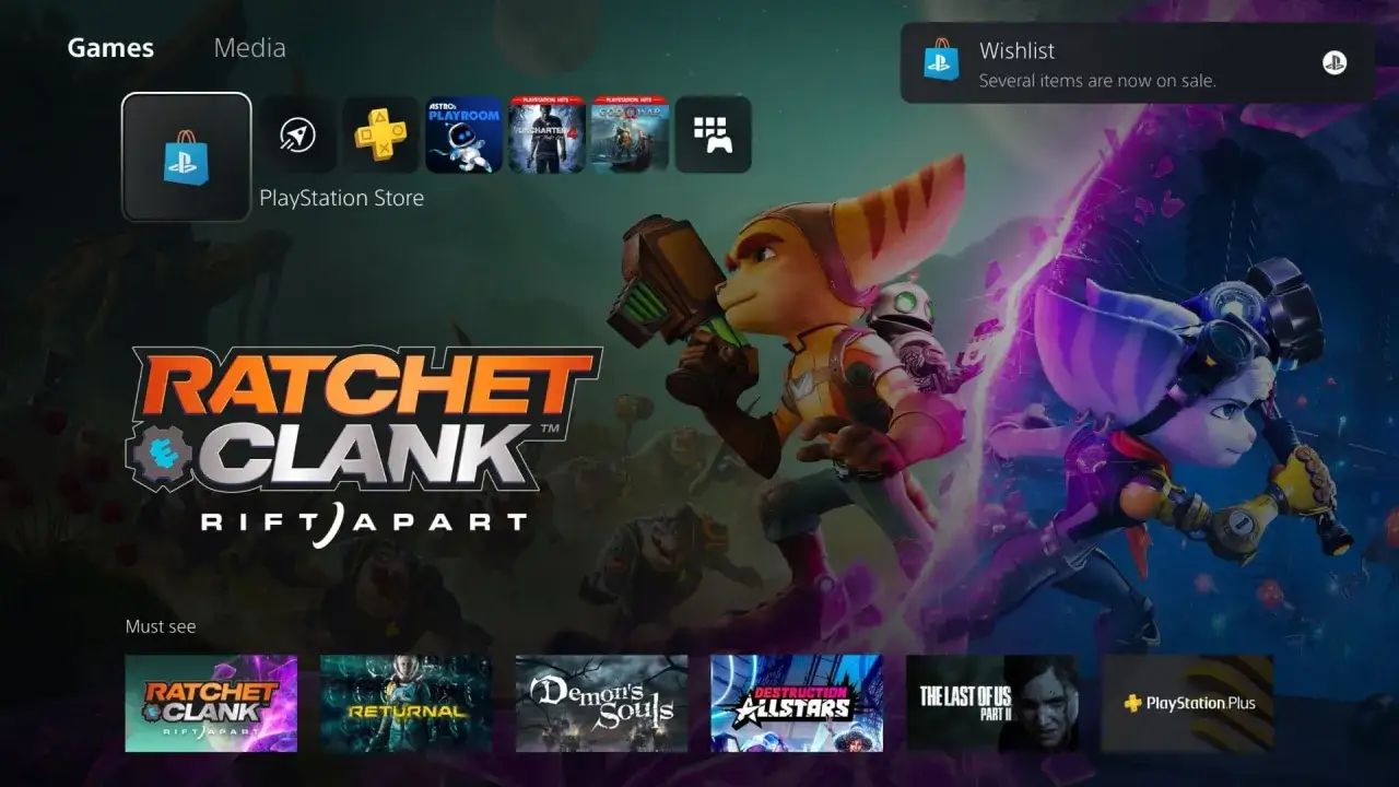 Gry na konsoli PlayStation 5, w tym Ratchet & Clank: Rift Apart. Powiadomienie o promocjach na liście życzeń (wishlist).