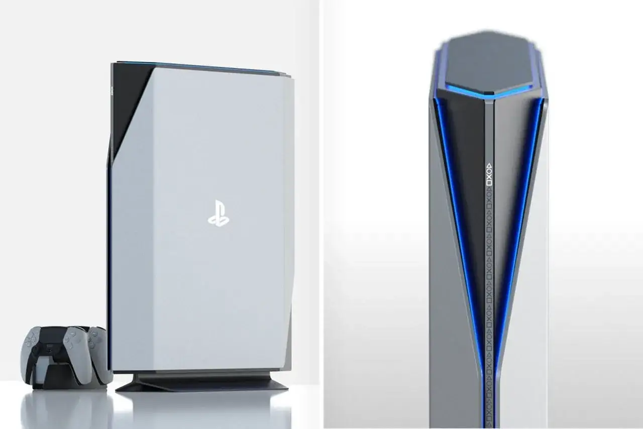 Futurystyczna konsola PlayStation, przypominająca kiedy PS6, z kontrolerem. Biało-czarna obudowa z niebieskimi akcentami.