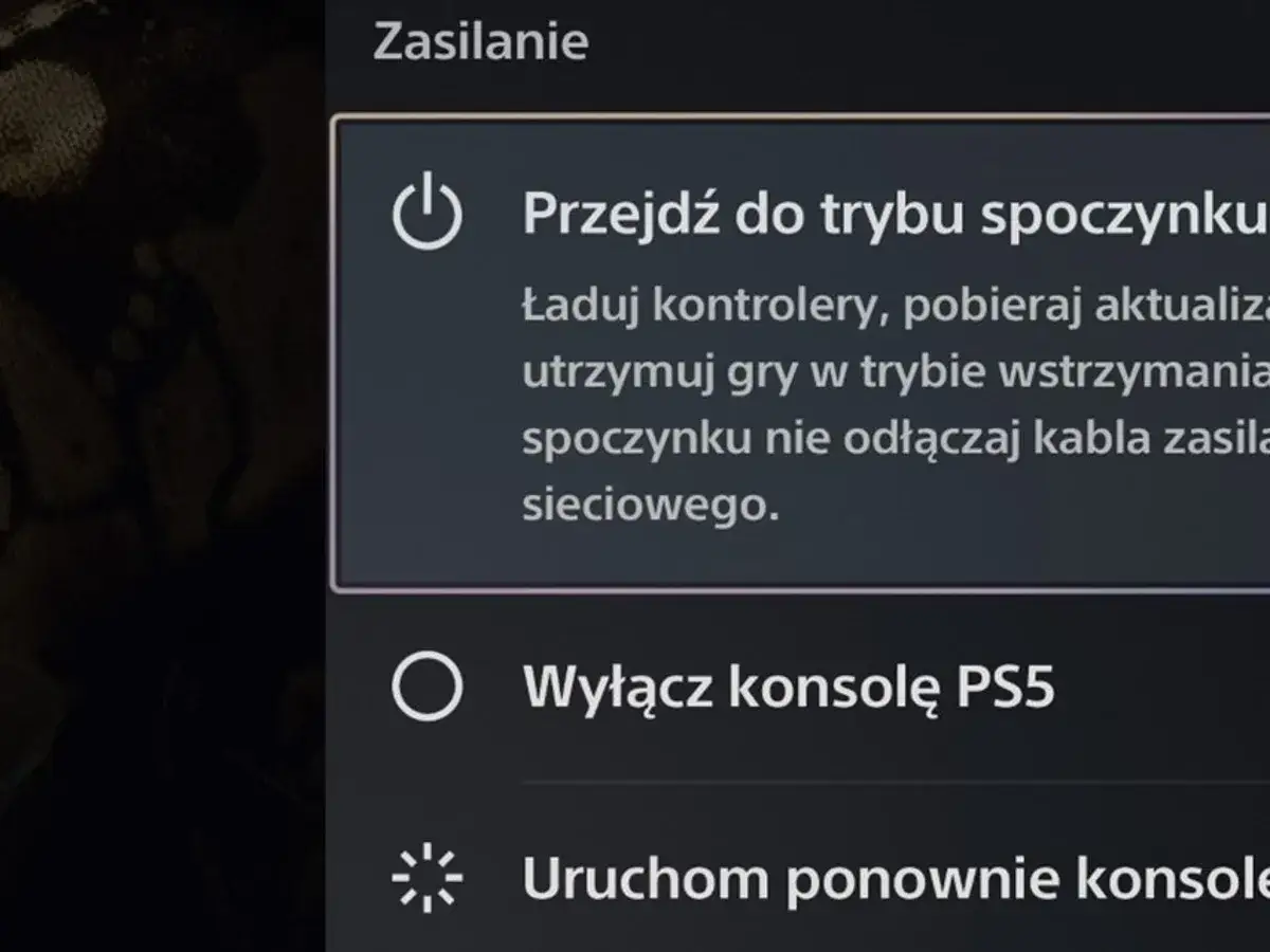 Menu zasilania PS5: opcja