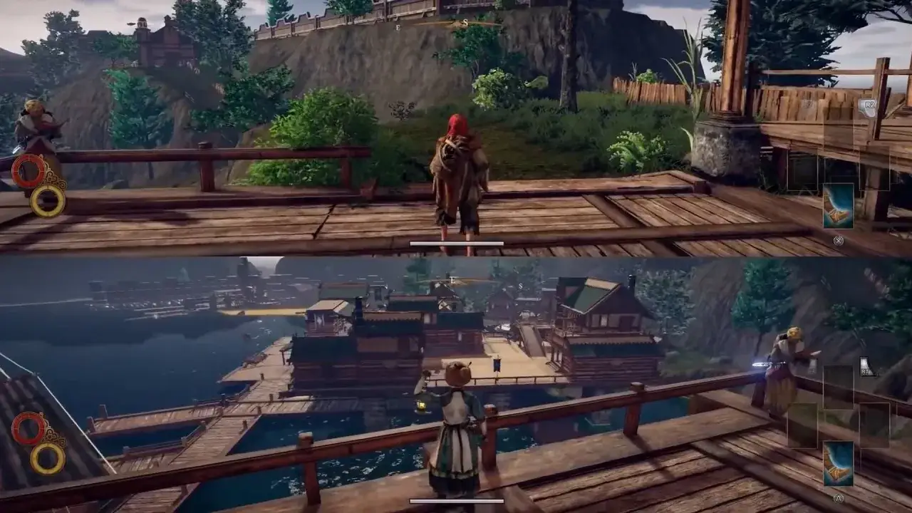 Dwie postacie w grach multiplayer na drewnianych pomostach, jedna na tle gór, druga nad wodą z widokiem na miasteczko.