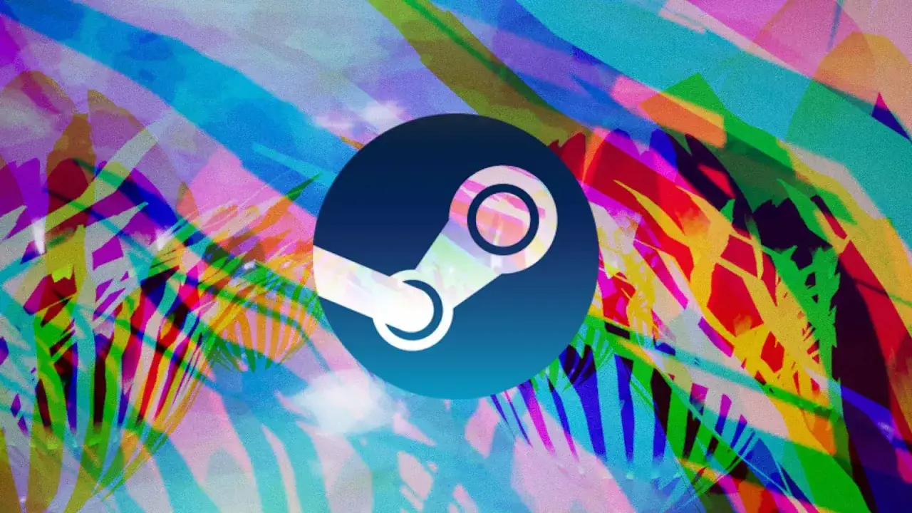 Logo Steam na tle psychodelicznych, kolorowych kształtów. Szukasz fajne gry na Steam za darmo?