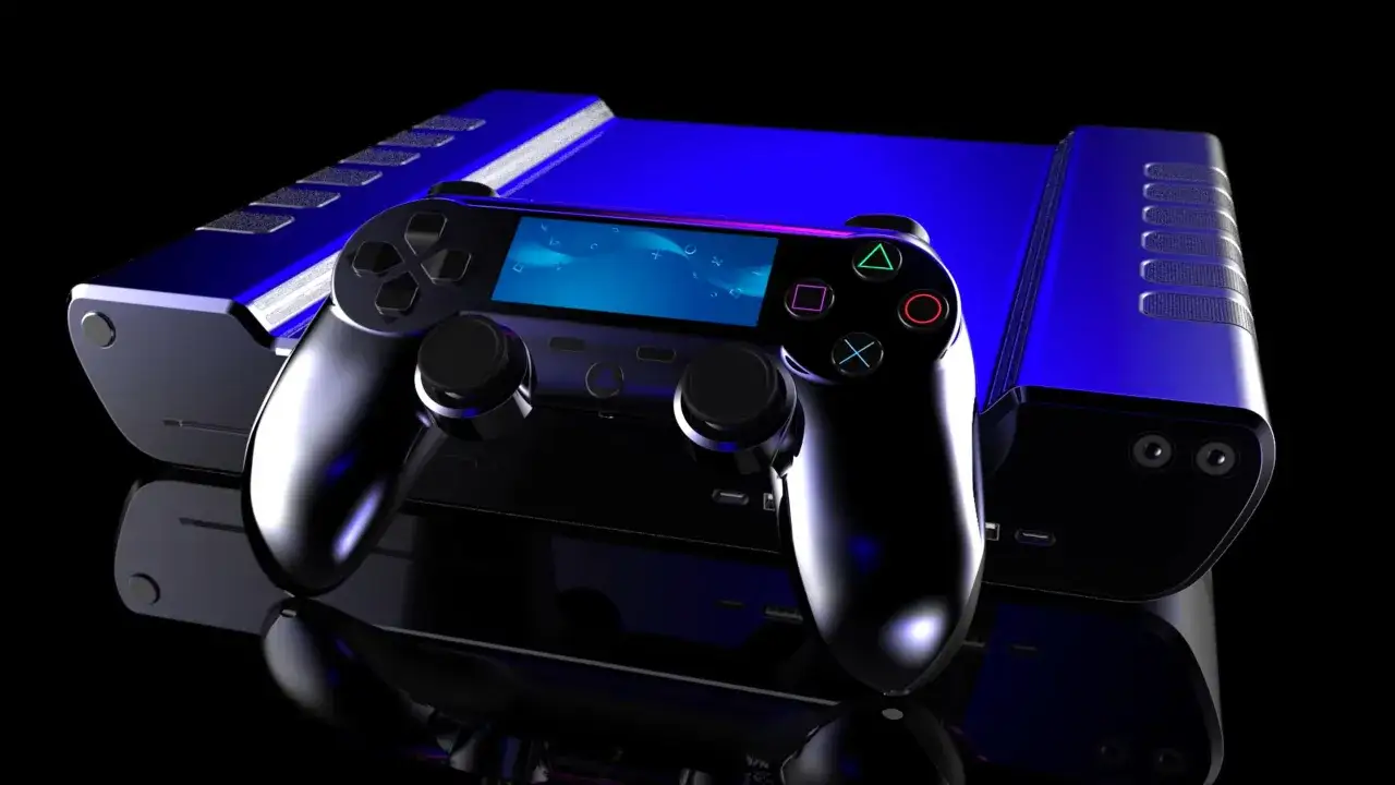 Futurystyczny kontroler i konsola w kolorze niebieskim, przypominające playstation 7, na czarnym tle.