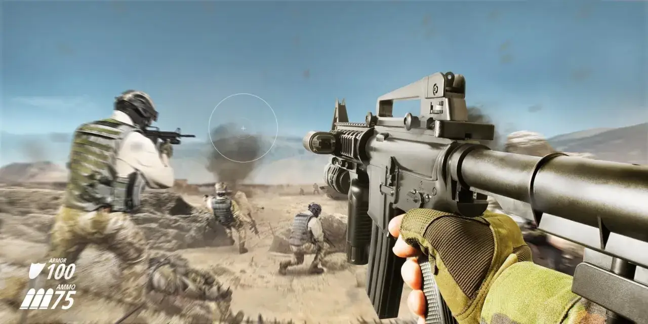 Gracz celuje z karabinu w pustynnej scenerii, przygotowując się do akcji w grach fps. Widać innych żołnierzy i wskaźniki pancerza i amunicji.