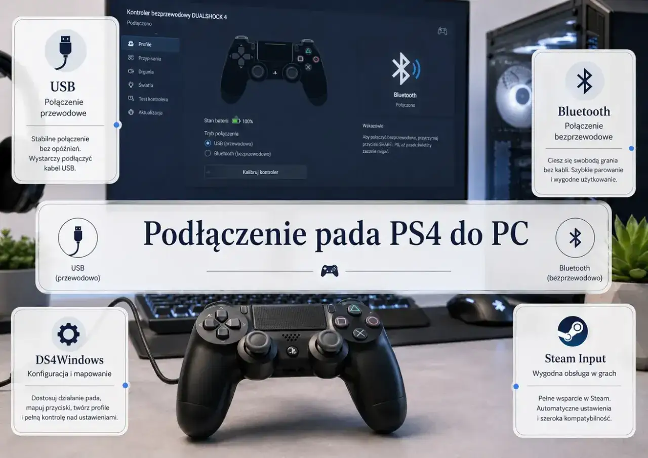 Jak podłączyć pada do PS4: przewodowo przez USB, bezprzewodowo przez Bluetooth, z DS4Windows lub Steam Input.