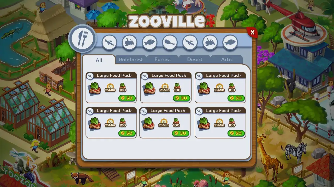 W grze Zooville, menu zakupu pokazuje pakiety żywności dla zwierząt. 