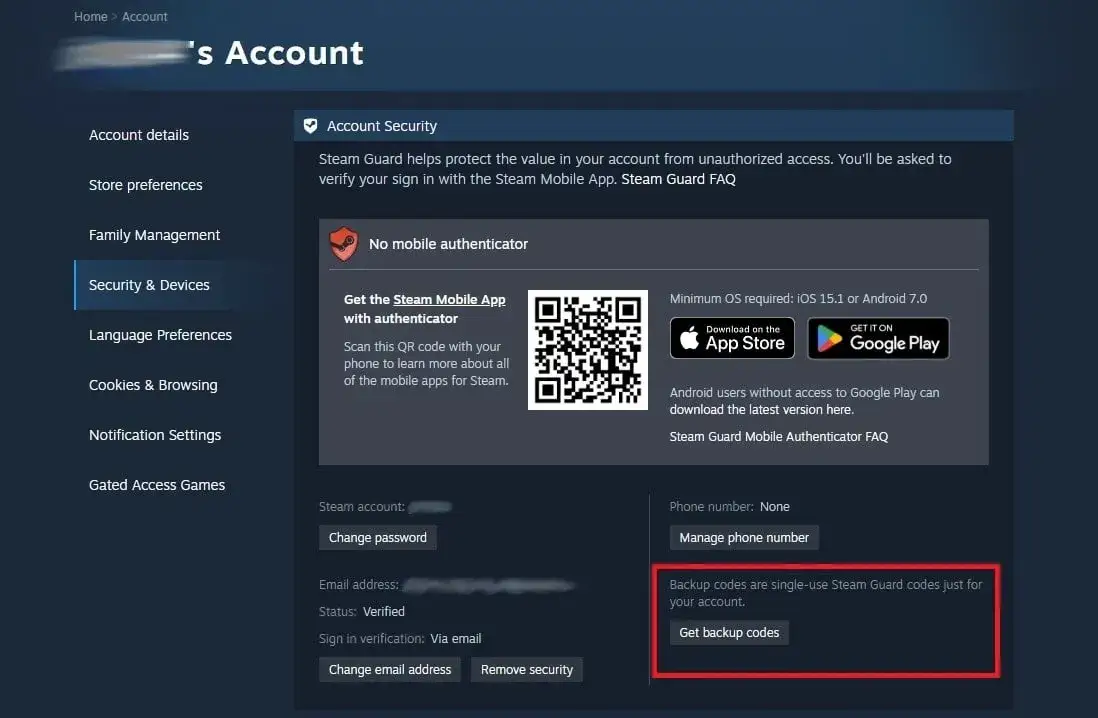 Steam website account security settings