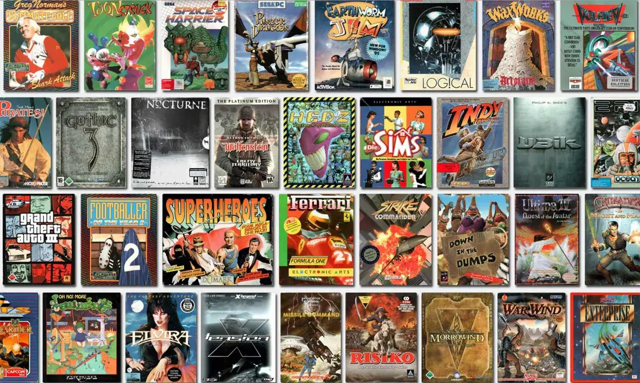 Kolekcja okładek stare gry na PC lata 2005. Widać tu m.in. Gothic 3, Nocturne, Wolfenstein, The Sims, Morrowind, War Wind.
