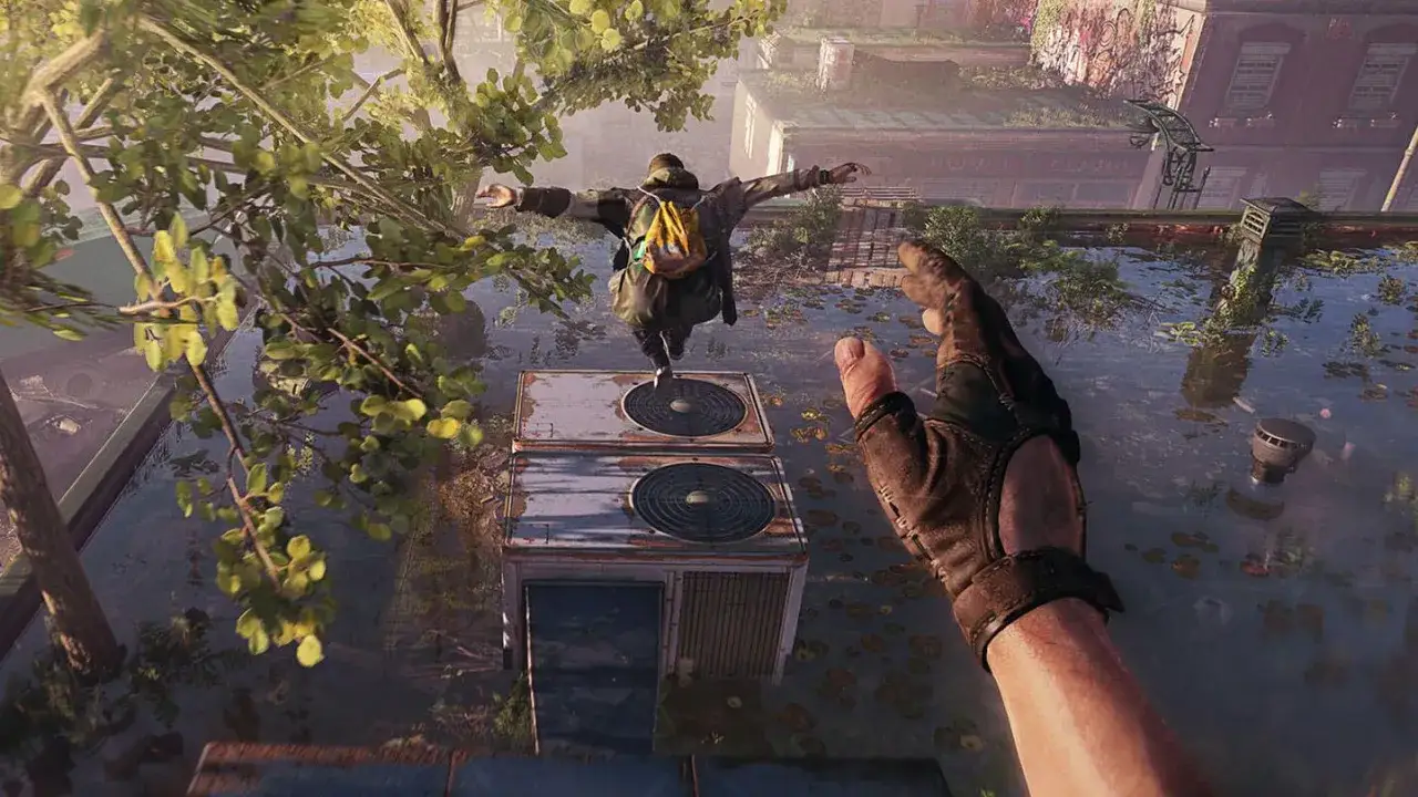 Gracz balansuje na klimatyzatorach, by przejść dalej. Sprawdź dying light wymagania, by cieszyć się tą grą!