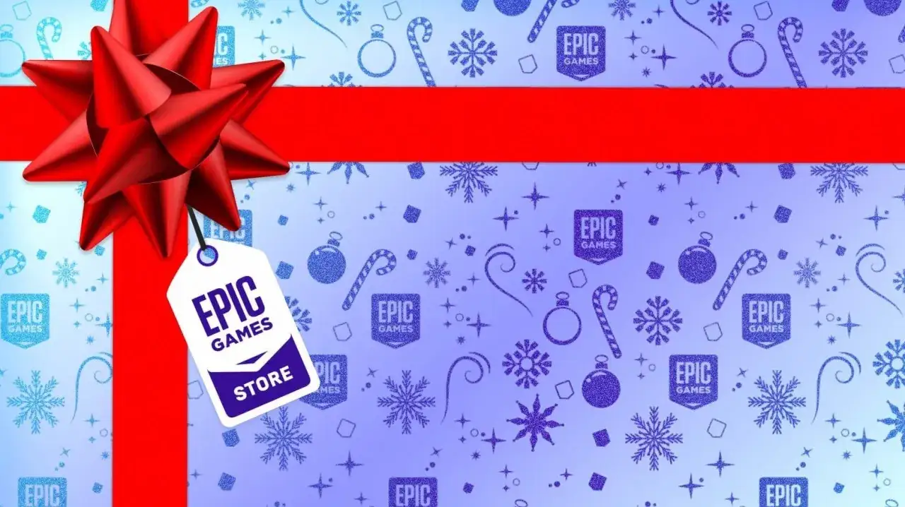 Czerwona wstążka i kokarda na tle zimowych ozdób. Metka z logo Epic Games Store zapowiada darmowe gry.