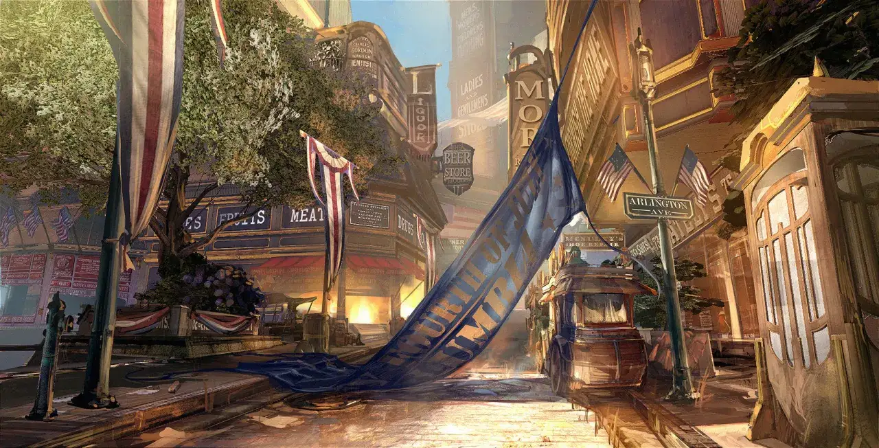 Ulica miasta z lat 30. XX wieku, z flagami i tramwajem. Wygląda jak z gry Bioshock 4.