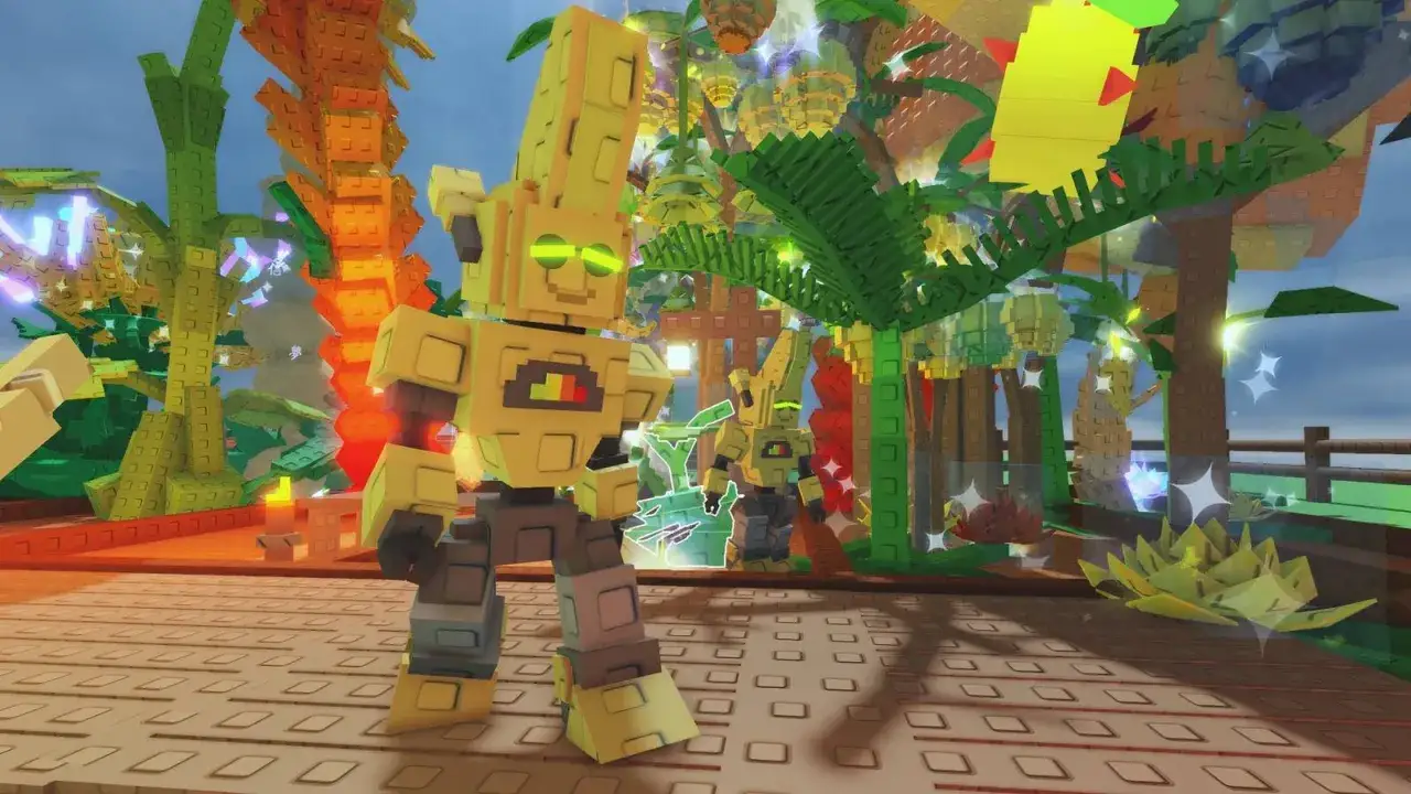 Dwa żółte roboty w tropikalnym świecie, pełnym kolorowych bloków i roślin. Idealne miejsce na fajne gry na Roblox!