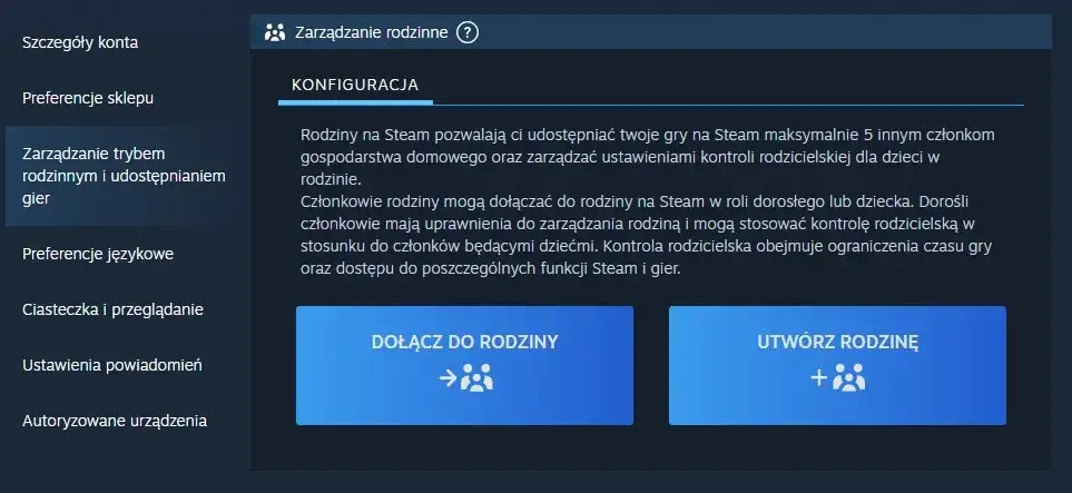 Steam Rodziny kontrola rodzicielska interfejs