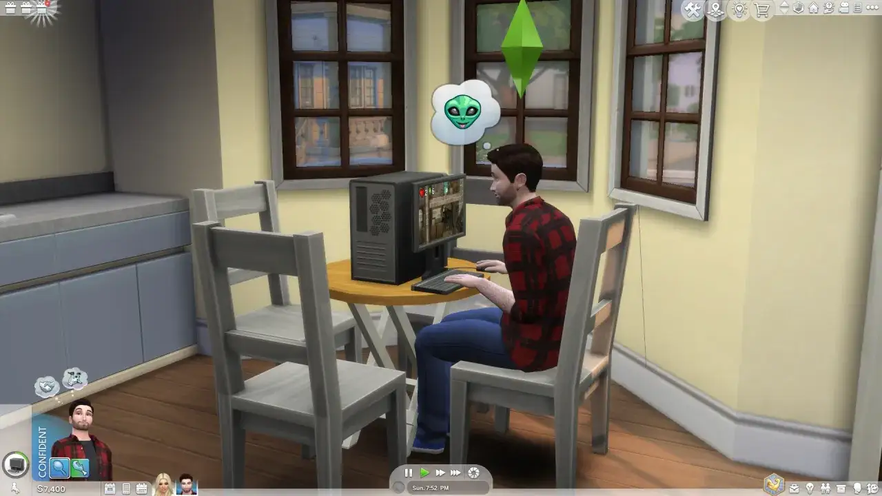 Symek gra na komputerze, marząc o kosmitach. To kod na potrzeby The Sims 4.