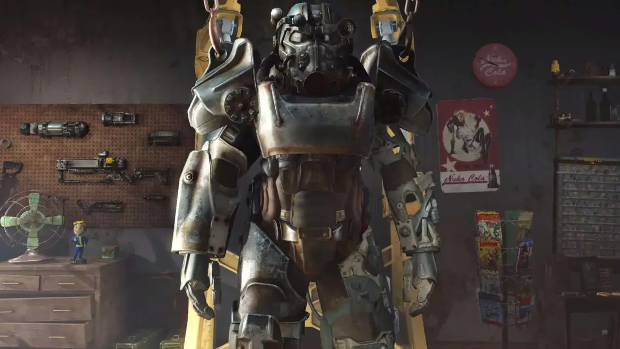 Potężna zbroja wspomagana w warsztacie, gotowa do walki. Sprawdź fallout 4 wymagania, by móc ją założyć!