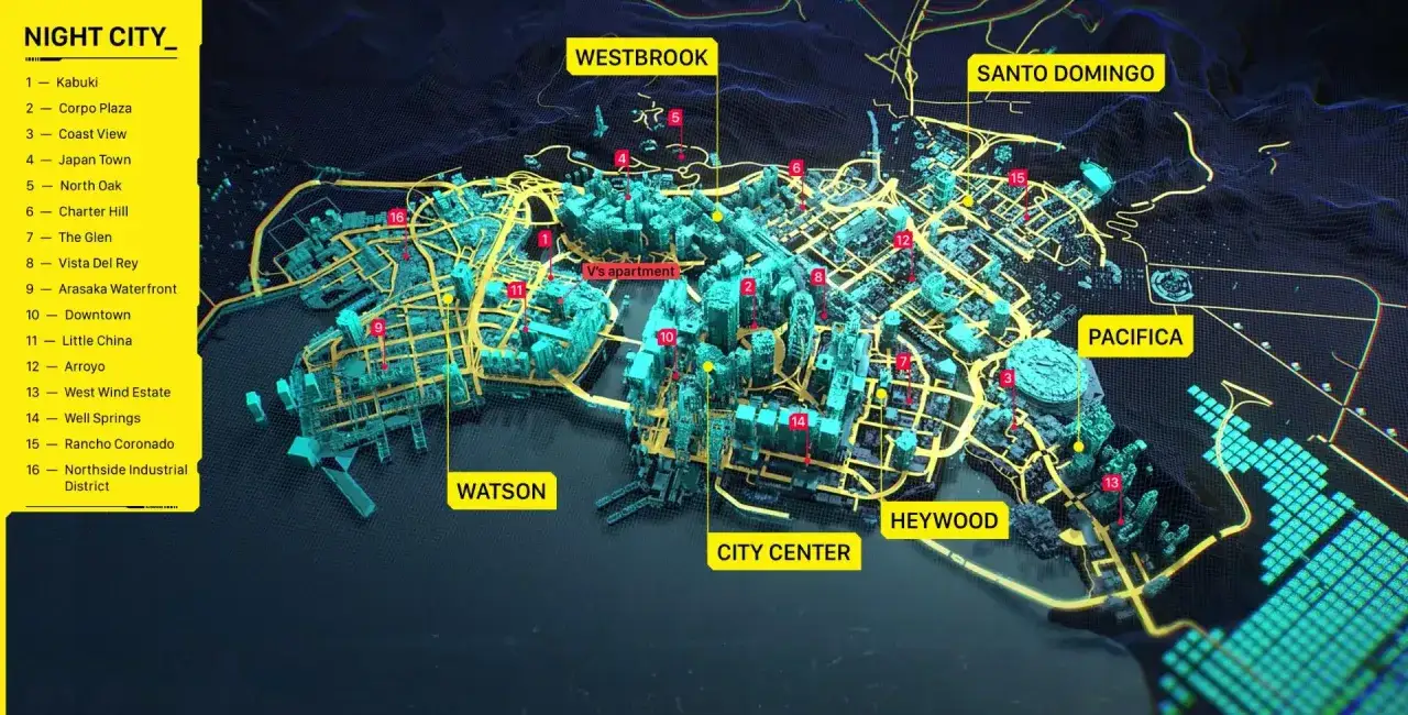 Mapa nocnego miasta z zaznaczonymi dzielnicami: Westbrook, Santo Domingo, Watson, Heywood, City Center i Pacyfika.