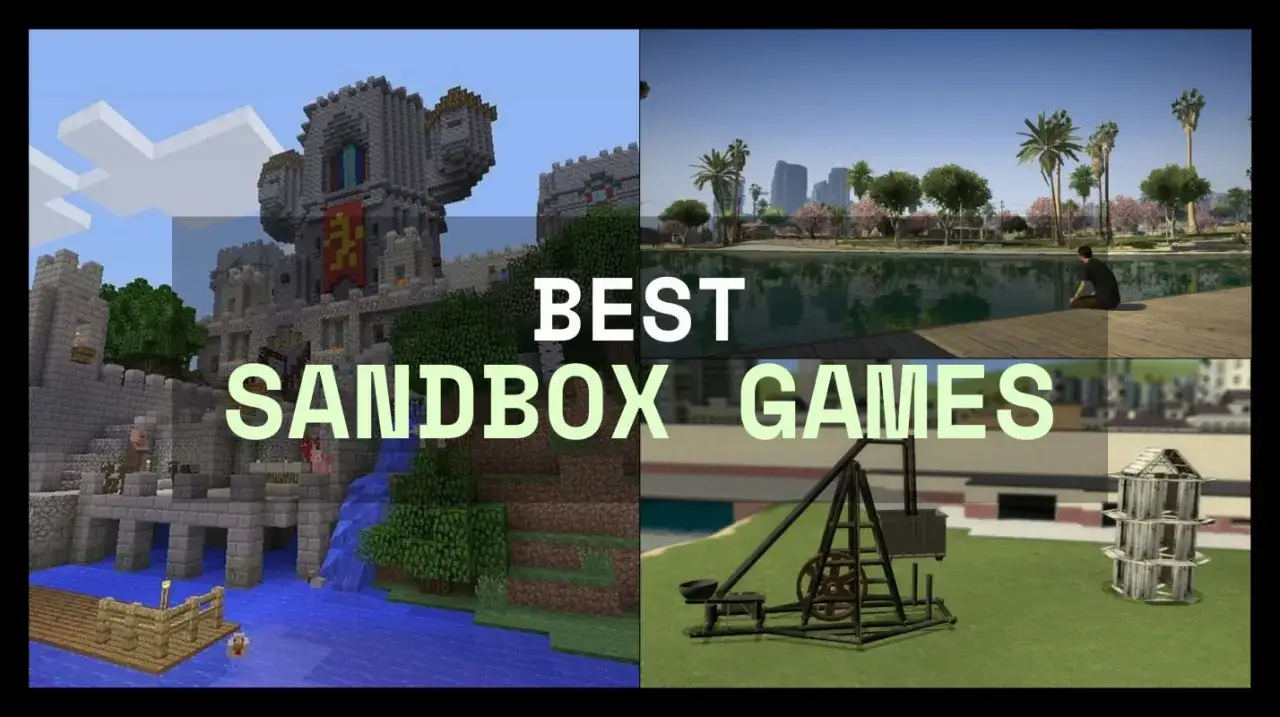Najlepsze gry sandbox: zamek z Minecrafta, miasto nad jeziorem, machina oblężnicza i wieża.