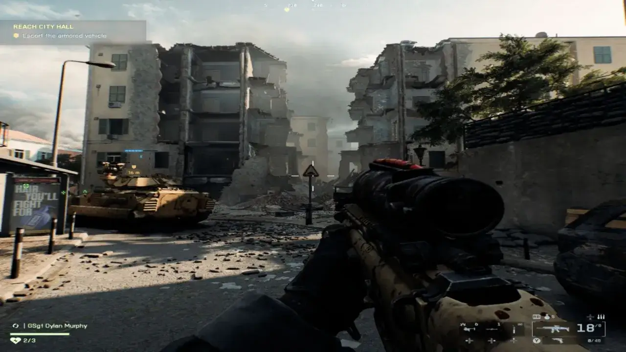 Wojenne zniszczenia w mieście, czołg i żołnierz celujący z karabinu. To scena z kampanii Battlefield 6.