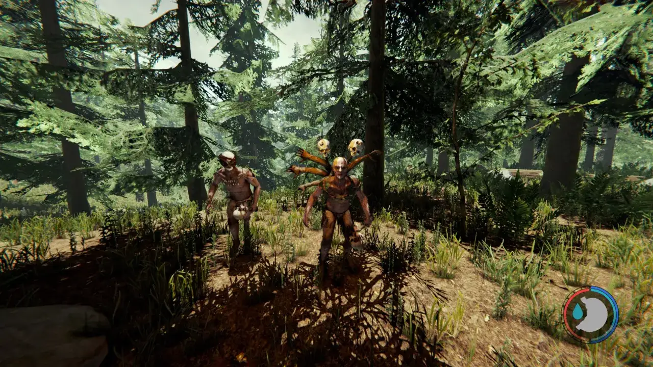 Dwaj mutanci w lesie, jeden z czaszkami na ramionach. To wymagania The Forest.