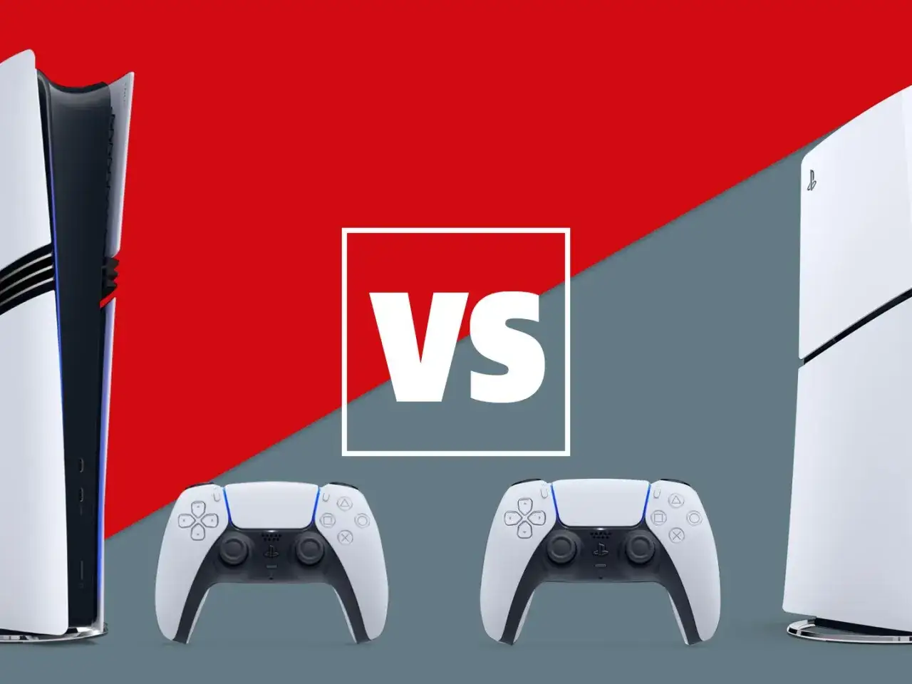 Dwie konsole PlayStation 5 i dwa kontrolery DualSense, symbolizujące starcie PS5 vs PS5 Pro.