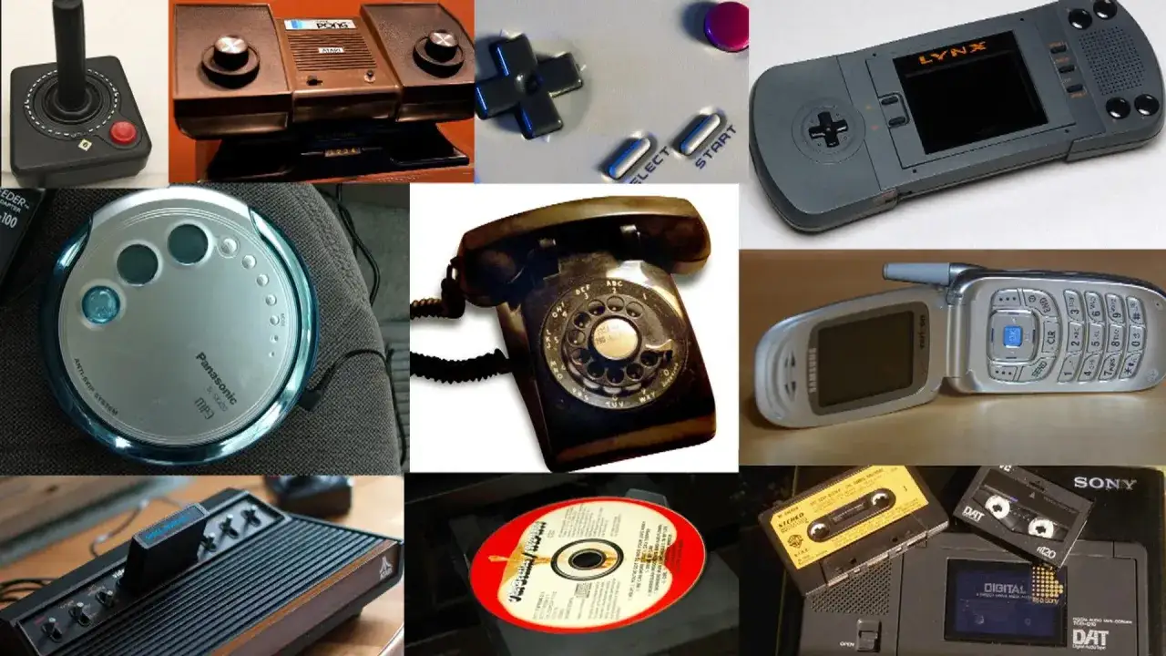 Kolekcja retro gadżetów: joystick, konsola Pong, przenośna konsola Lynx, telefon obrotowy, telefon z klapką, odtwarzacz MP3, Atari, płyta CD i kasety DAT. Wspomnienie dawnych gier z dzieciństwa.