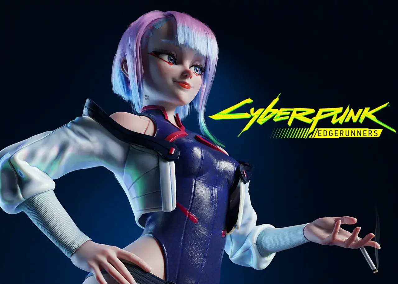 Lucy z Cyberpunk: Edgerunners, z tęczowymi włosami i w futurystycznym stroju, trzyma papierosa.
