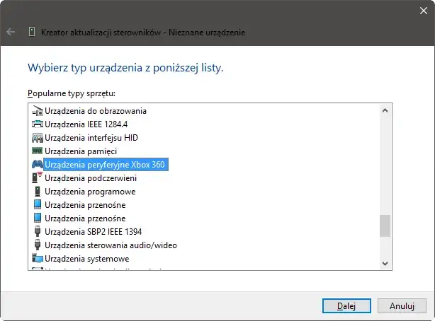 Menedżer Urządzeń nieznane urządzenie Xbox 360 receiver