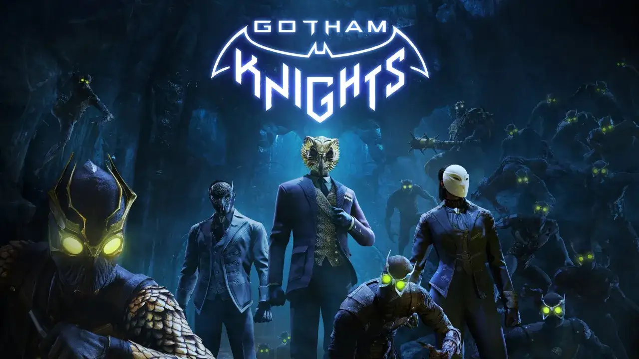 Rycerze Gotham w maskach i z zielonymi oczami, gotowi do walki w mrocznej jaskini.