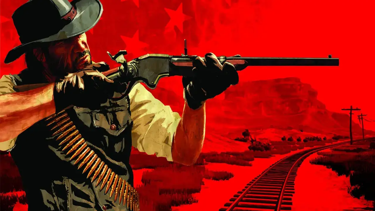 Dzikus z karabinem i nabojami, gotowy na przygodę w świecie Red Dead Redemption 3.