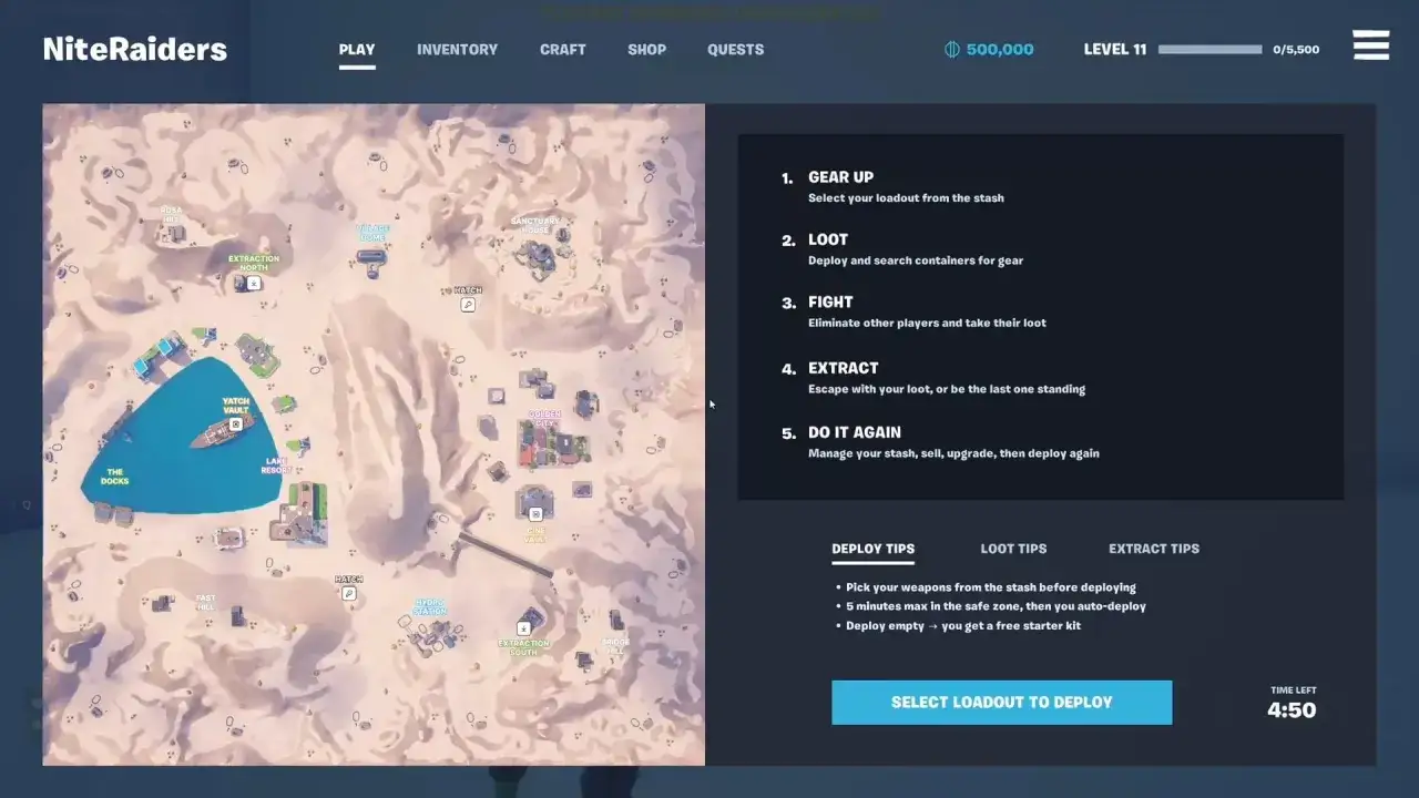 Mapa gry NiteRaiders, gdzie gracze przygotowują się do akcji w tym extraction shooter. Czas do rozpoczęcia: 4:50.