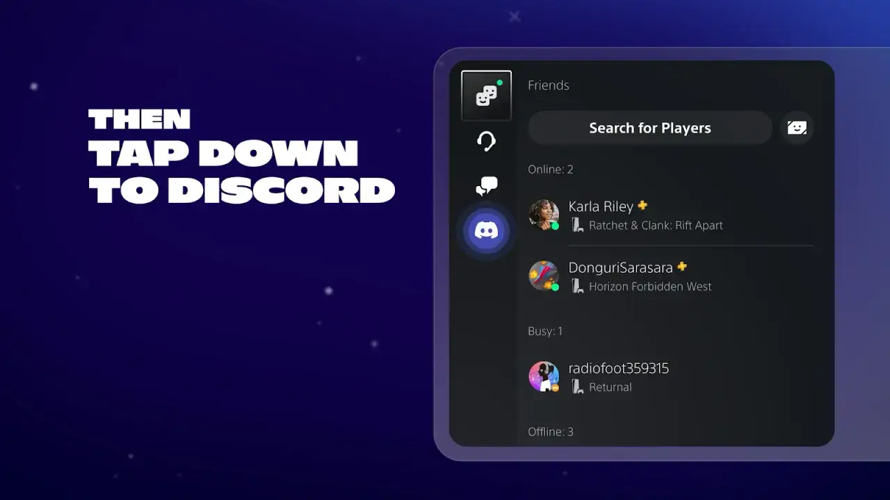 Interfejs Discord na PS5 pokazuje listę znajomych, gotowych do wspólnej gry.