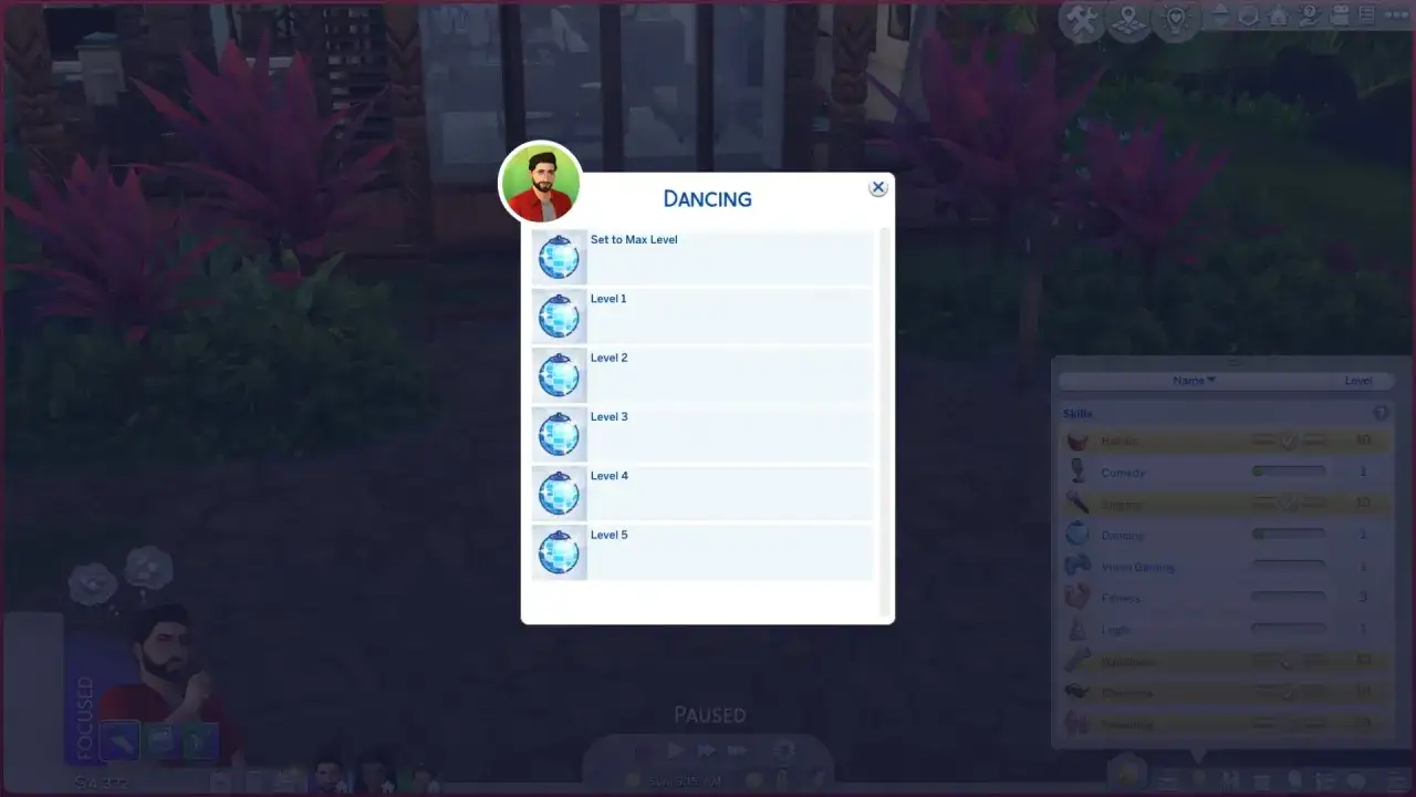 Kody na umiejętności The Sims 4: okno z opcjami ustawienia poziomu tańca od 1 do maksymalnego.