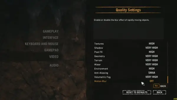 Ustawienia jakości grafiki w Far Cry Primal. Widoczne opcje to m.in. tekstury, cienie, geometria, woda, ruchomy blur.