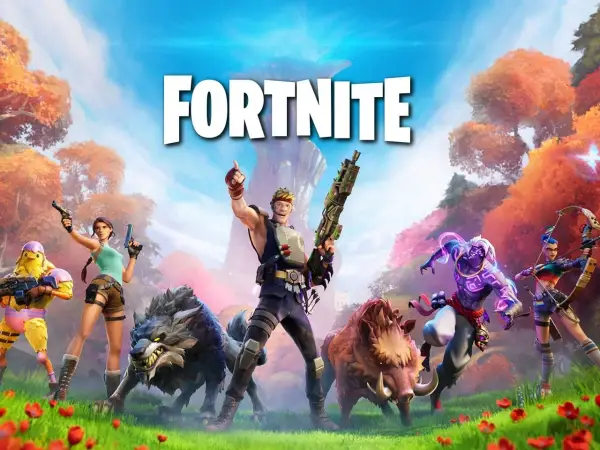Postać z gry Fortnite, która odpowiada na pytanie, ile waży Fortnite, stoi obok wilka i dzika.